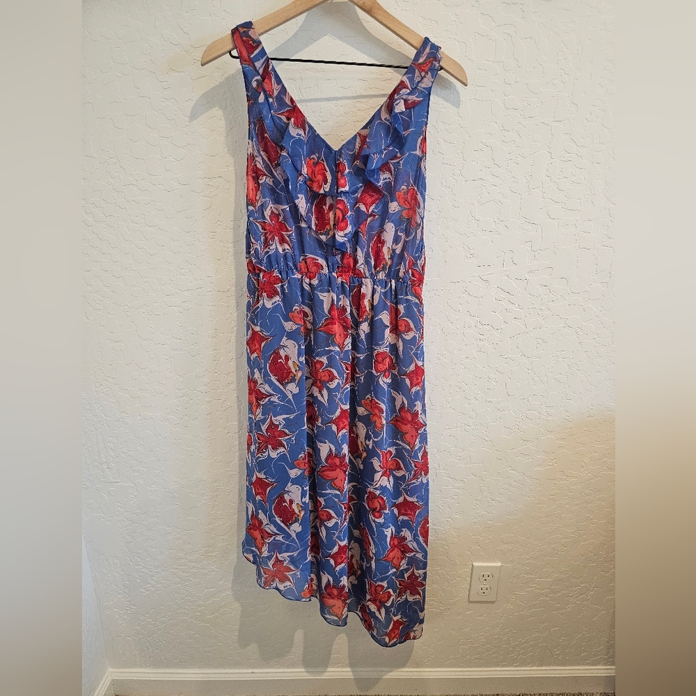 RACHEL Rachel Roy Dress Womens M‎ Blue/Red Floral Double V Tank Asymmetric Hem